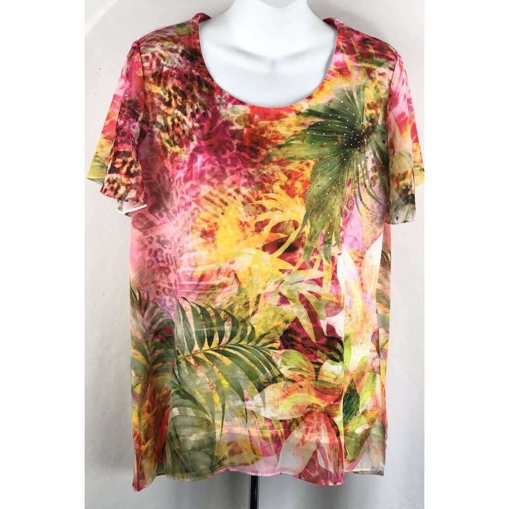 Tropical Top T-shirt L Pink Floral Colorful ScoopNeck flutter sleeve Aloha Tee